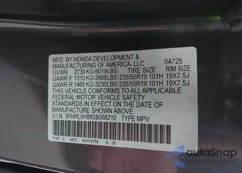 2025 Honda Odyssey Touring from USA, damaged, VIN 5FNRL6H88SB068210